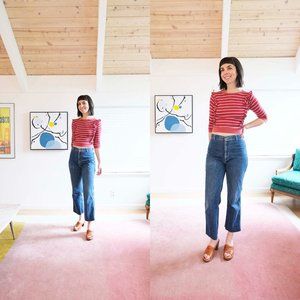 Vintage  Burgundy and White Striped Ruffle Cropped T-Shirt XS